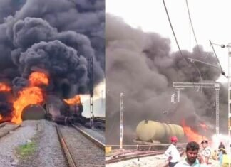 पटरी से उतरी डीजल से भरी मालगाड़ी, लगी भीषण आग मालगाड़ी