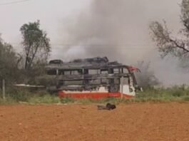 जयपुर में फिर बड़ा हादसा, हाईटेंशन लाइन की चपेट में आई मजदूरों की बस में लगी आग, दो की मौत, कई घायल बस में आग