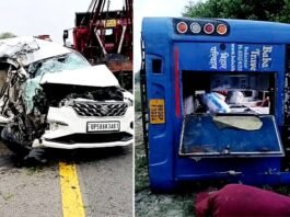 आगरा-लखनऊ एक्सप्रेसवे पर कार को टक्कर मार पलटी स्लीपर बस, मासूमों समेत पांच की मौत, दर्जनभर से अधिक घायल स्लीपर बस
