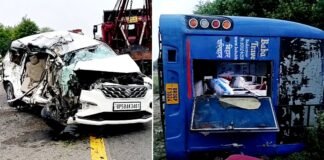 आगरा-लखनऊ एक्सप्रेसवे पर कार को टक्कर मार पलटी स्लीपर बस, मासूमों समेत पांच की मौत, दर्जनभर से अधिक घायल स्लीपर बस