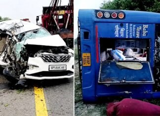 आगरा-लखनऊ एक्सप्रेसवे पर कार को टक्कर मार पलटी स्लीपर बस, मासूमों समेत पांच की मौत, दर्जनभर से अधिक घायल स्लीपर बस
